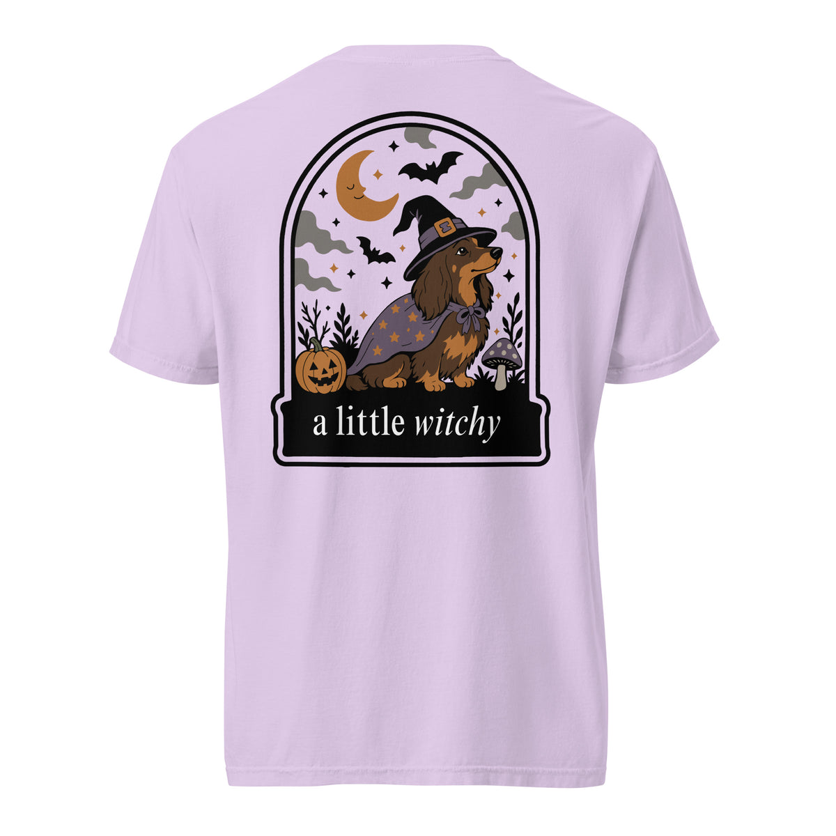 Witch Weenie dachshund Halloween shirt orchid Comfort Colors wiener dog tee