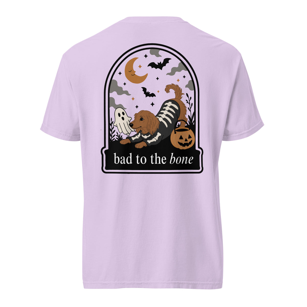 Skeleween Bad to the Bone dachshund Halloween shirt orchid Comfort Colors tee