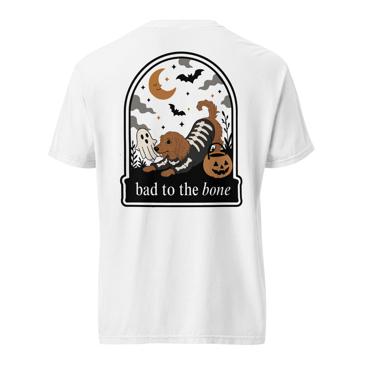 Skeleween Bad to the Bone dachshund Halloween shirt white Comfort Colors tee
