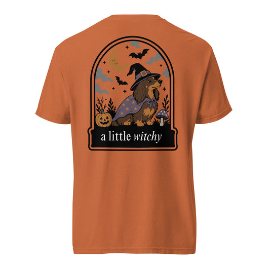 Witch Weenie dachshund Halloween shirt yam back view Comfort Colors garment dyed