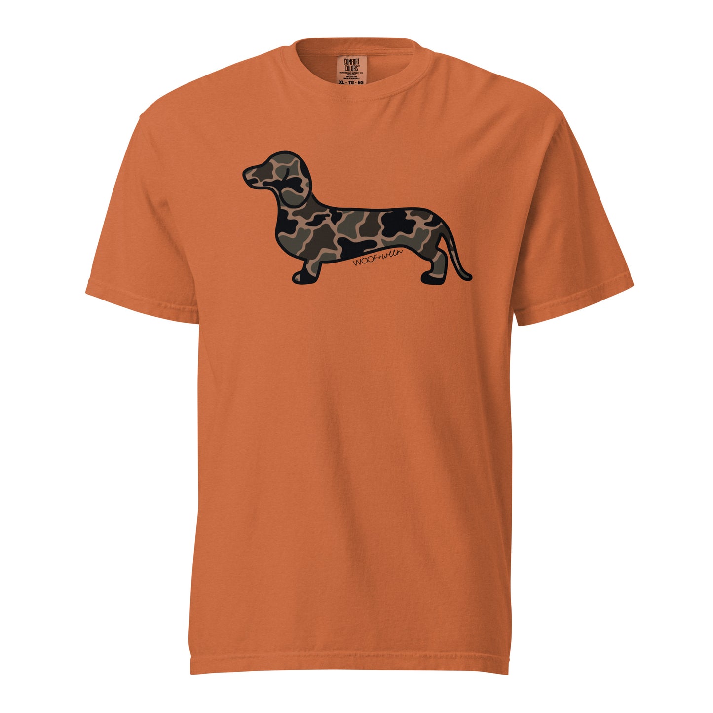 Black Duck Camo dachshund shirt yam orange front Comfort Colors garment dyed