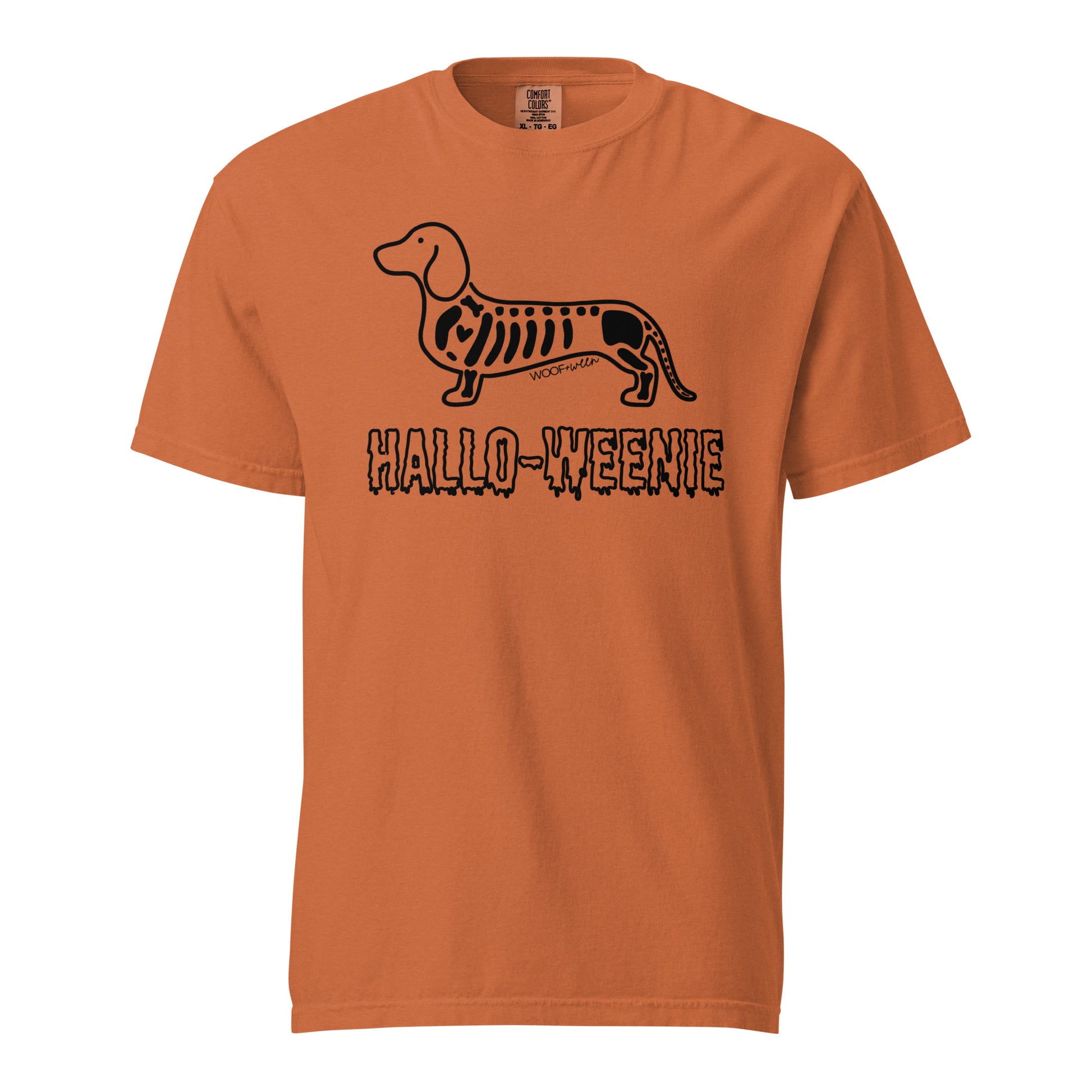 Halloweenie Doxie dachshund Halloween shirt yam orange Comfort Colors tee