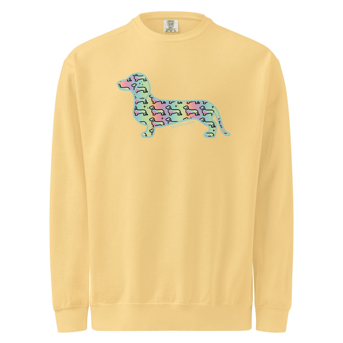Butter yellow dachshund sweatshirt, Hot Diggity Dog doxie crewneck