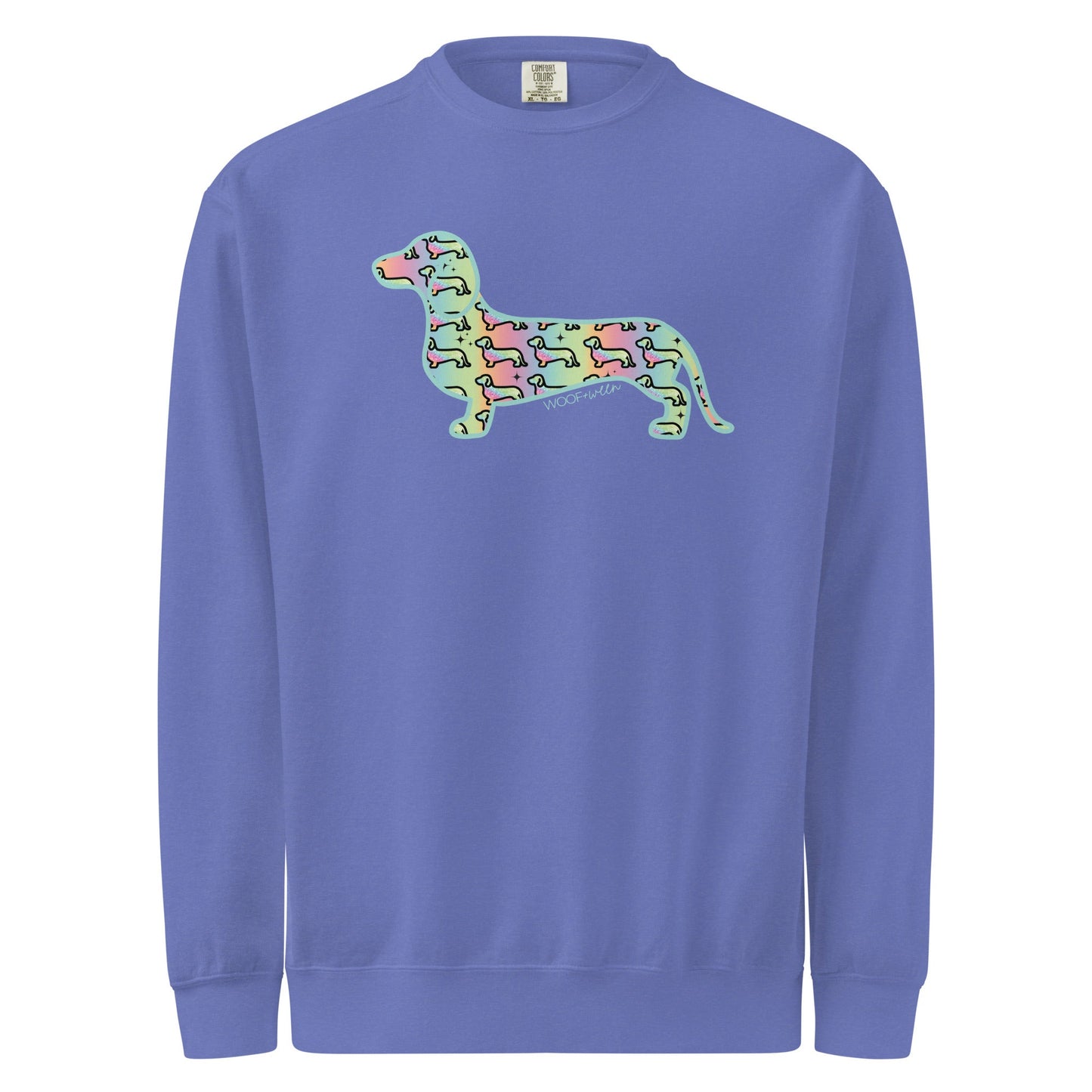 Flo Blue dachshund premium sweatshirt, Hot Diggity Dog rainbow doxie print