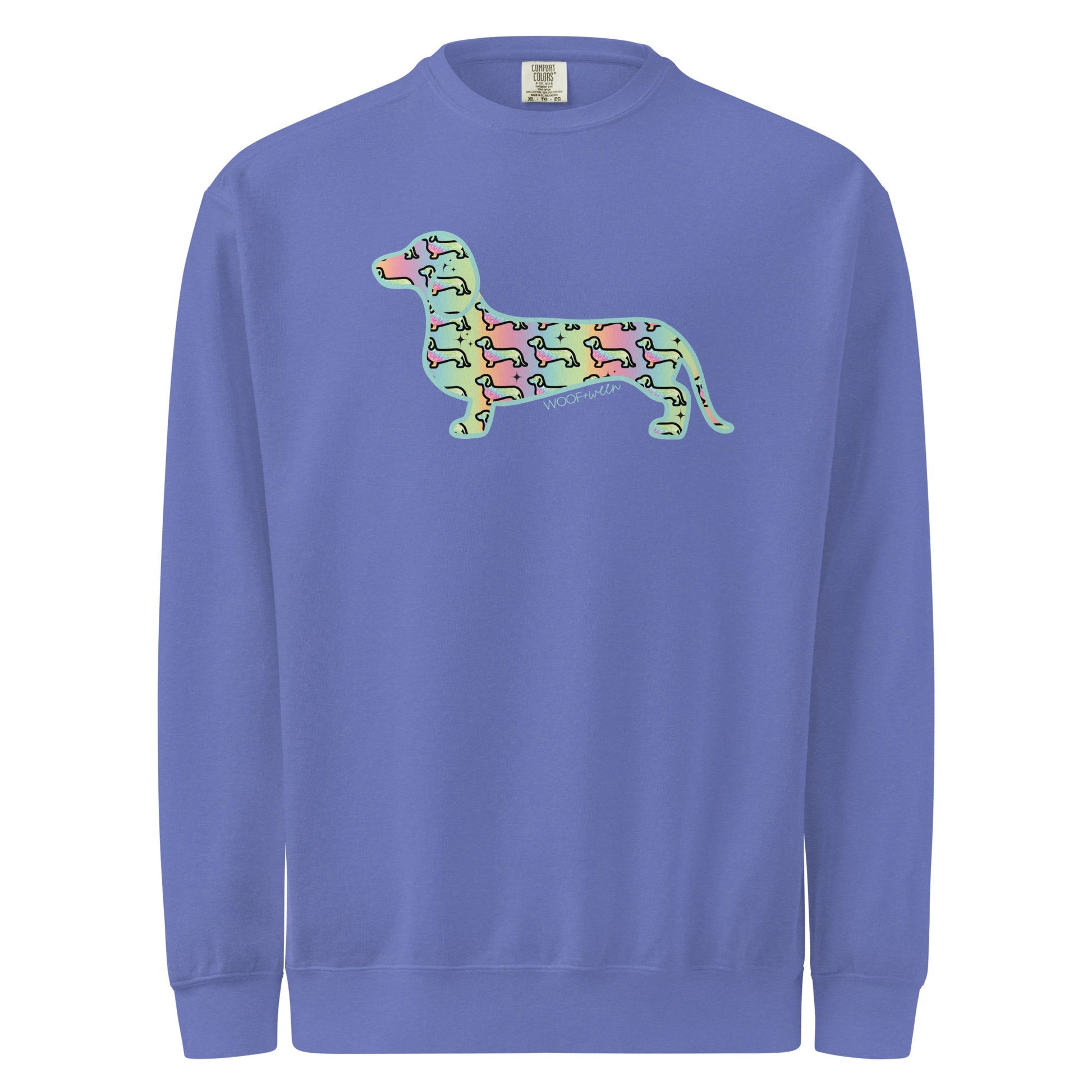 Flo Blue dachshund premium sweatshirt, Hot Diggity Dog rainbow doxie print