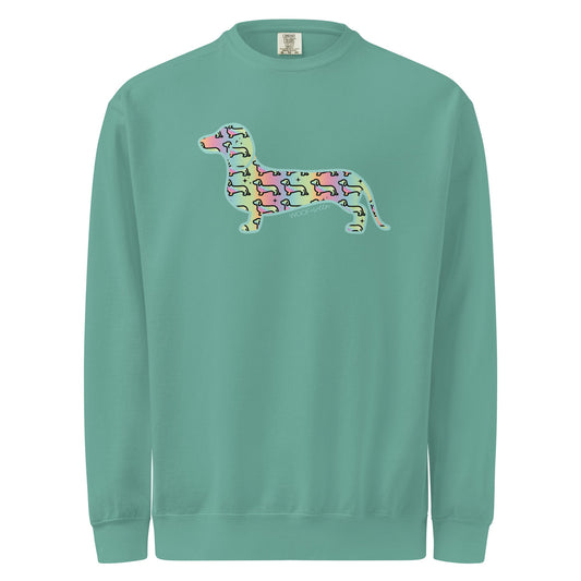 Seafoam dachshund crewneck sweatshirt, Hot Diggity Dog wiener dog design