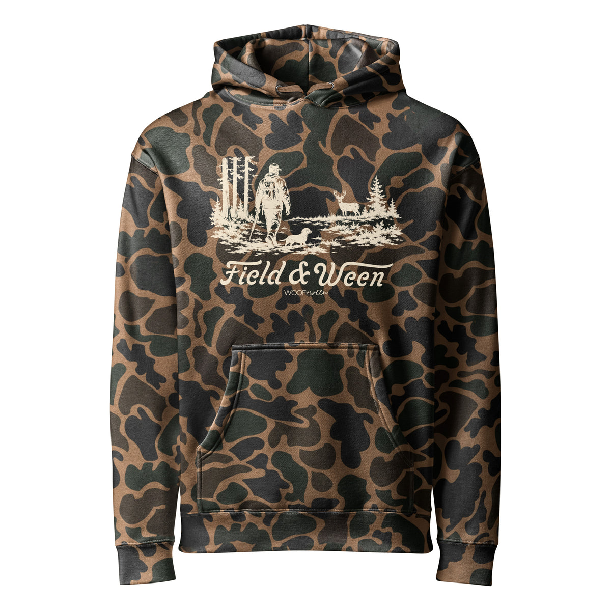 Field and Ween Deer Hunting dachshund hoodie duck camo front view
