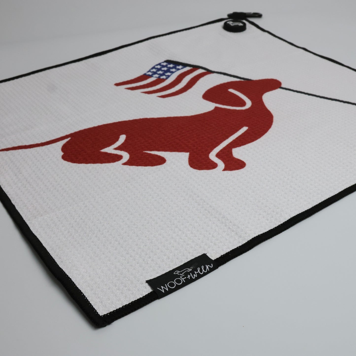 USA Dachshund golf towel clipped to golf bag