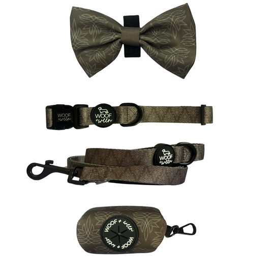 Western cowboy print dog collar, bow, leash and waste bag holder accessory bundle