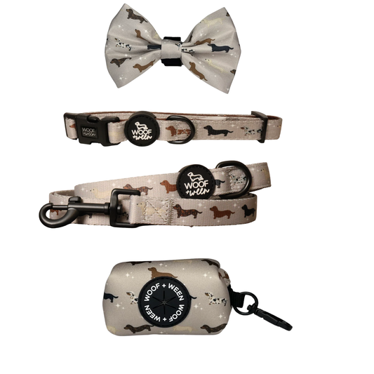 Whimsical dachshund print dog collar, bow, leash and waste bag holder accessory bundle