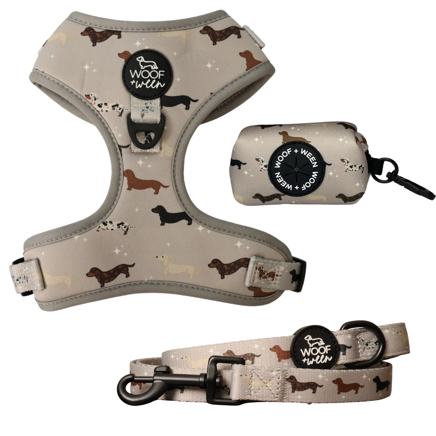 Whimsical dachshund print dog harness, leash and waste bag holder walk bundle