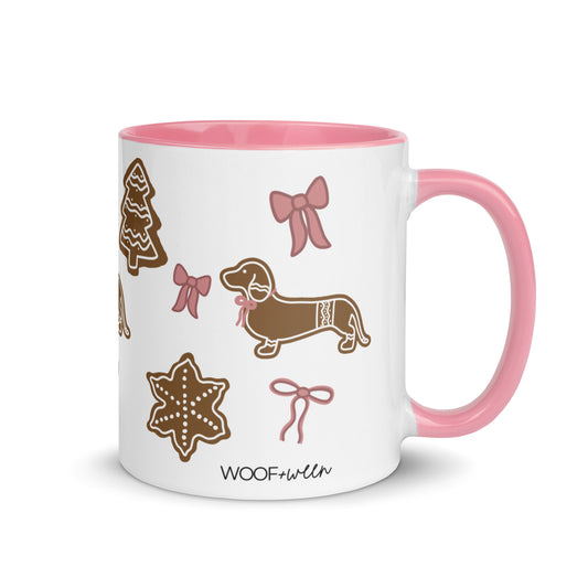 Pink dachshund Christmas mug with bows and gingerbread 