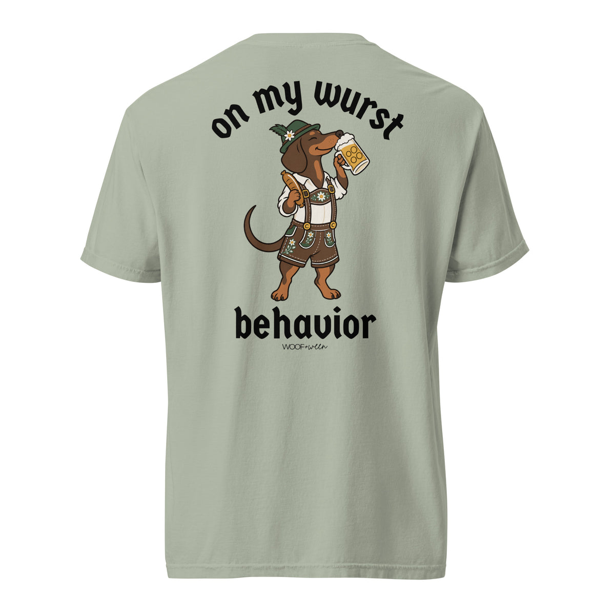 On My Wurst Behavior wiener dog Oktoberfest shirt in bay, back print on Comfort Colors garment-dyed tee
