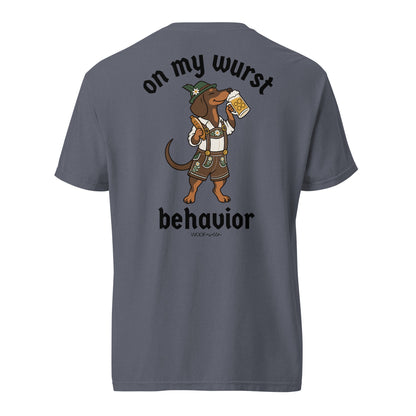 On My Wurst Behavior wiener dog Oktoberfest shirt in denim, back print on Comfort Colors garment-dyed tee