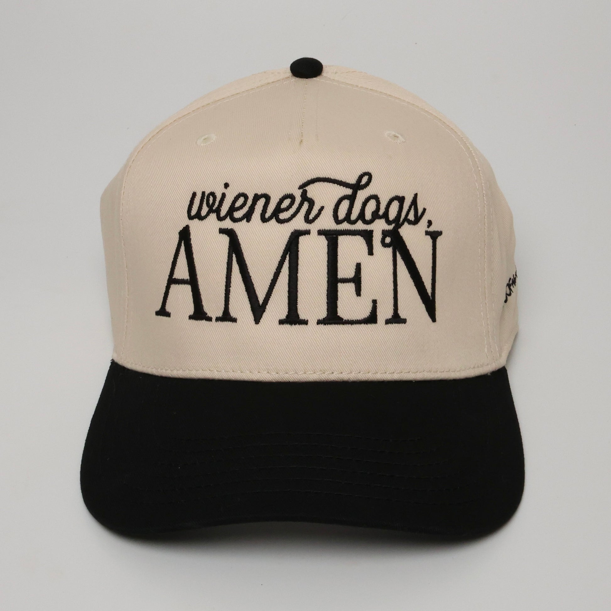 Wiener Dogs Amen embroidered dachshund snapback hat beige and black